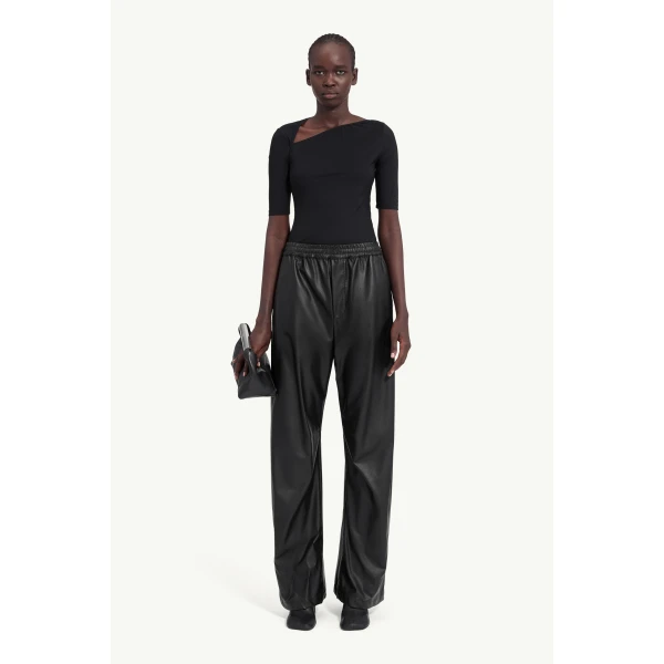 MM6 Maison Margiela Light Pleather Wide-Leg Trousers in Black, view 2 | Wide leg pants | Luxury Shoes 
