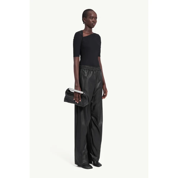 MM6 Maison Margiela Light Pleather Wide-Leg Trousers in Black, view 3 | Wide leg pants | Luxury Shoes 