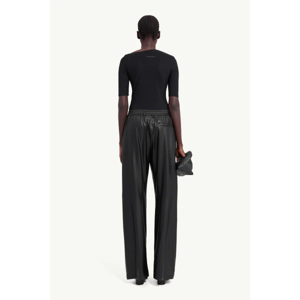 MM6 Maison Margiela Light Pleather Wide-Leg Trousers in Black, view 4 | Wide leg pants | Luxury Shoes 