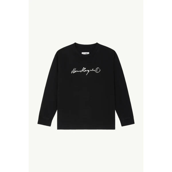 MM6 Maison Margiela Long-Sleeve Overdyed Handwritten-Print T-Shirt in Black, view 2 | T-shirts | Luxury Shoes 