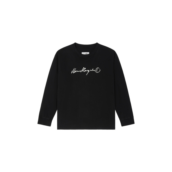 MM6 Maison Margiela Long-Sleeve Overdyed Handwritten-Print T-Shirt in Black | T-shirts | Luxury Shoes 