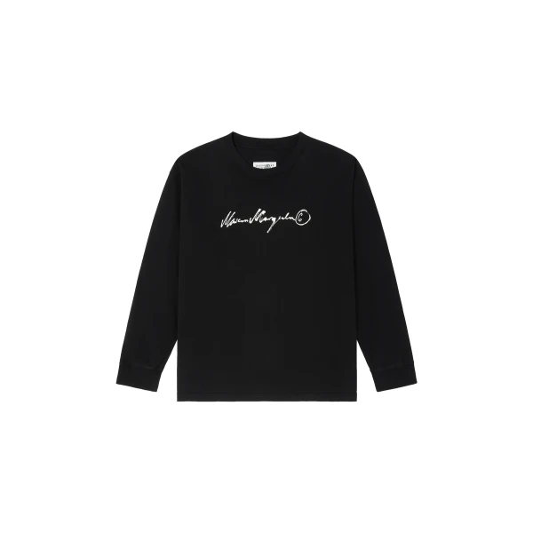 MM6 Maison Margiela Long-Sleeve Overdyed Handwritten-Print T-Shirt in Black | T-shirts | Luxury Shoes 