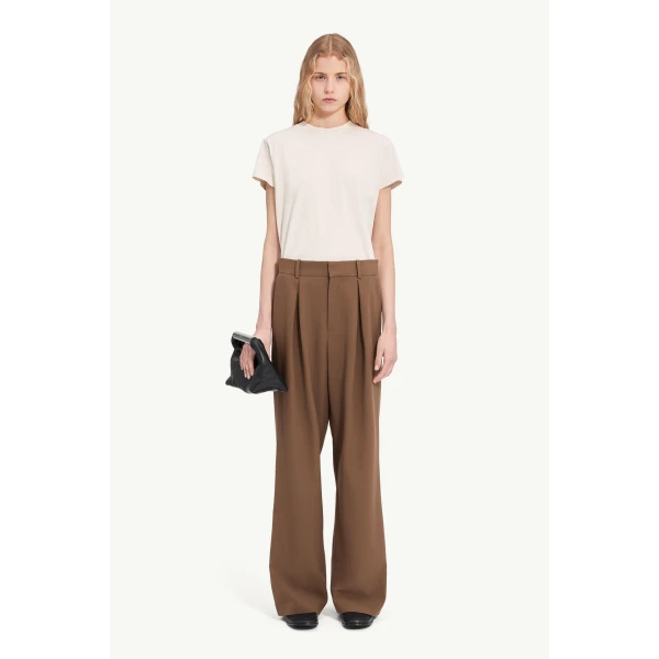 MM6 Maison Margiela Mannequin Label Wool Blend Pleated Trousers in Brown, view 2 | Tailored pants | Luxury Shoes 
