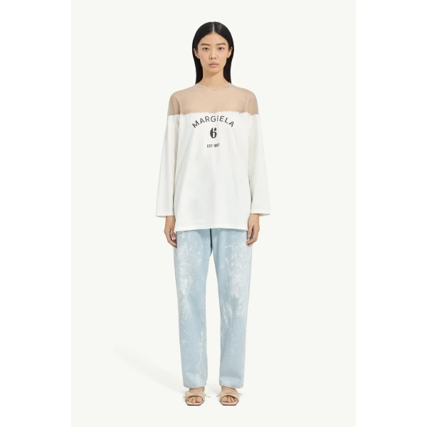 MM6 Maison Margiela Mannequin Print Jersey Top in White, view 2 | T-shirts | Luxury Shoes 