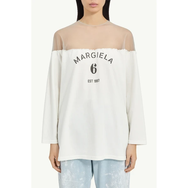 MM6 Maison Margiela Mannequin Print Jersey Top in White, view 5 | T-shirts | Luxury Shoes 