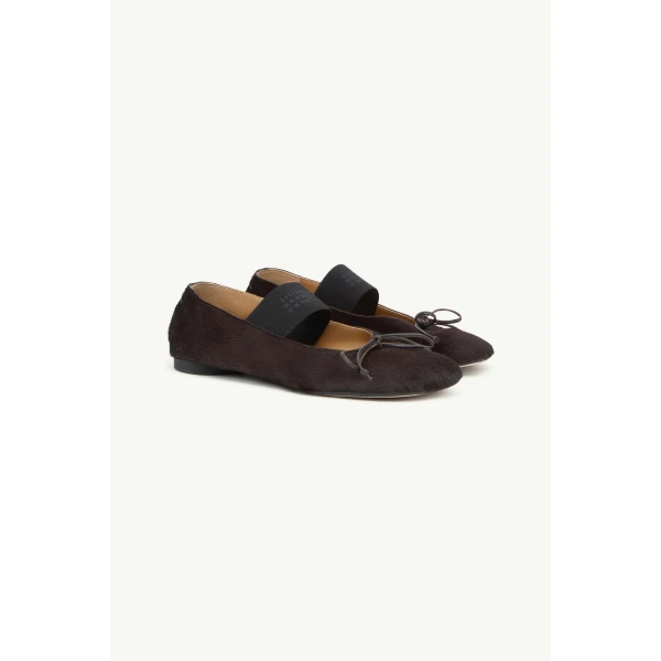 MM6 Maison Margiela Numeric Elastic Ballerinas in Ponyhair in Tapenade, view 3 | Flats | Luxury Shoes 
