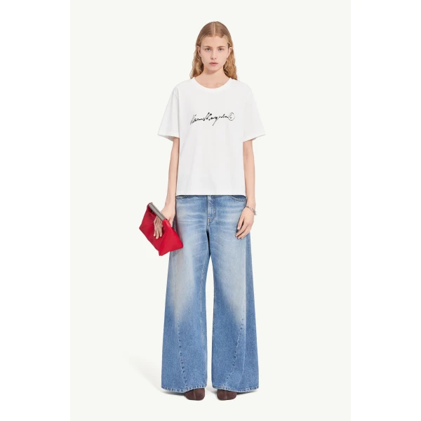 MM6 Maison Margiela Overdyed Handwritten-Print T-Shirt in White, view 2 | T-shirts | Luxury Shoes 