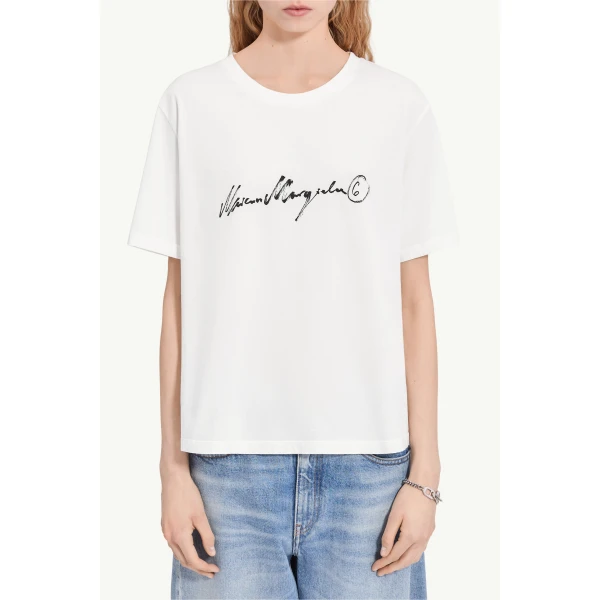 MM6 Maison Margiela Overdyed Handwritten-Print T-Shirt in White, view 5 | T-shirts | Luxury Shoes 