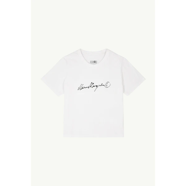 MM6 Maison Margiela Overdyed Handwritten-Print T-Shirt in White, view 6 | T-shirts | Luxury Shoes 