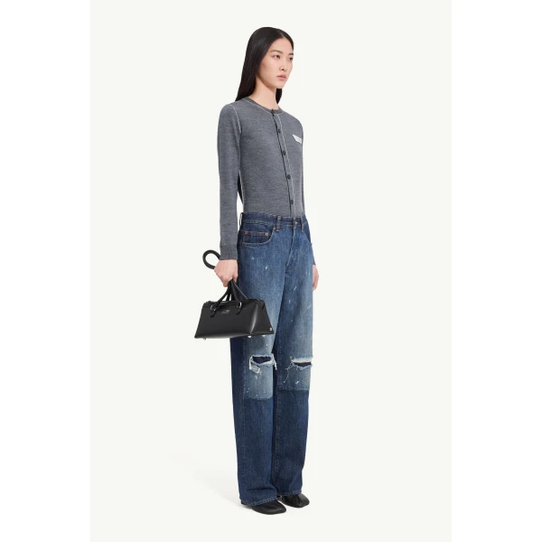 MM6 Maison Margiela Patchwork Barrel-Leg Jeans in Blue, view 3 | Denim | Luxury Shoes 