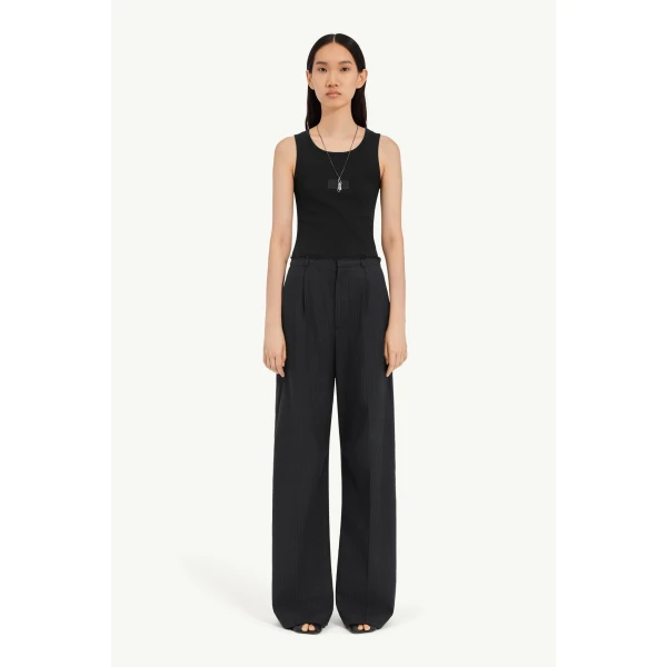 MM6 Maison Margiela Pinstripe Wool Wide-Leg Trousers in Black, view 2 | Wide leg pants | Luxury Shoes 