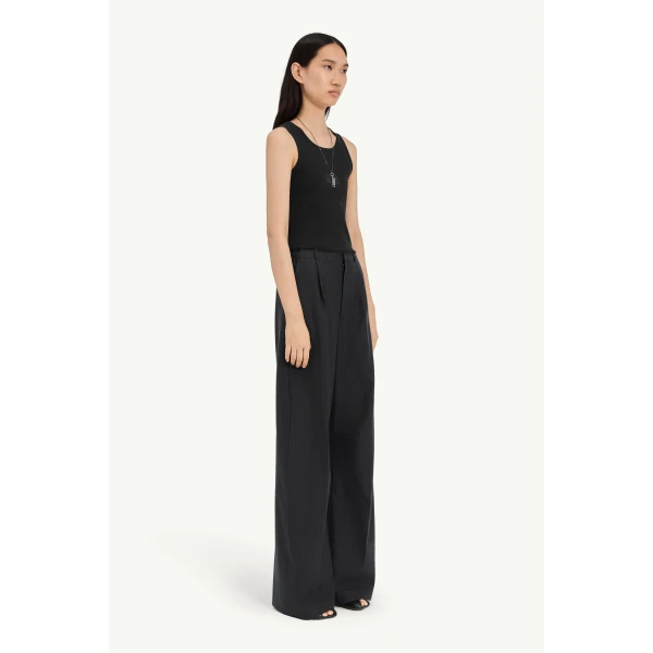 MM6 Maison Margiela Pinstripe Wool Wide-Leg Trousers in Black, view 3 | Wide leg pants | Luxury Shoes 