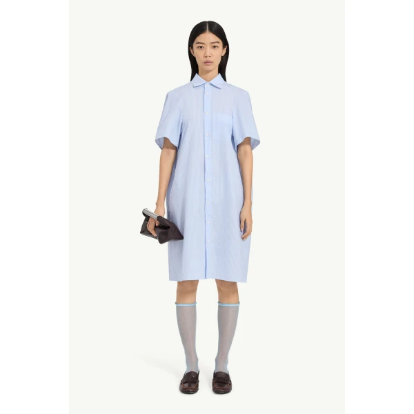 MM6 Maison Margiela Poplin Shirt Dress in White and Light Blue, view 2 | Shirtdress | Luxury Shoes 