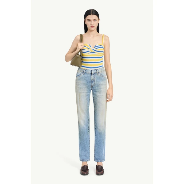 MM6 Maison Margiela Printed-Line Straight-Leg Jeans in Blue, view 2 | Denim | Luxury Shoes 