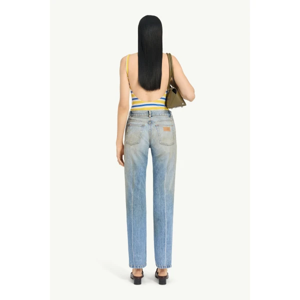 MM6 Maison Margiela Printed-Line Straight-Leg Jeans in Blue, view 4 | Denim | Luxury Shoes 