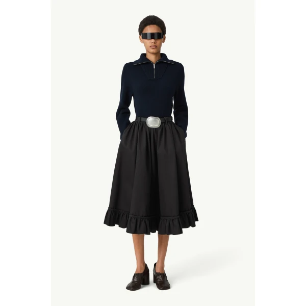 MM6 Maison Margiela Quilted Lining Gathered Skirt in Black, view 2 | Midi Skirts | Luxury Shoes 