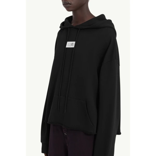 MM6 Maison Margiela Raw-Edge Boxy Hooded Sweatshirt in Black, view 5 | Hoodies | Luxury Shoes 