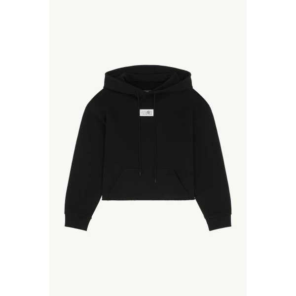 MM6 Maison Margiela Raw-Edge Boxy Hooded Sweatshirt in Black, view 6 | Hoodies | Luxury Shoes 
