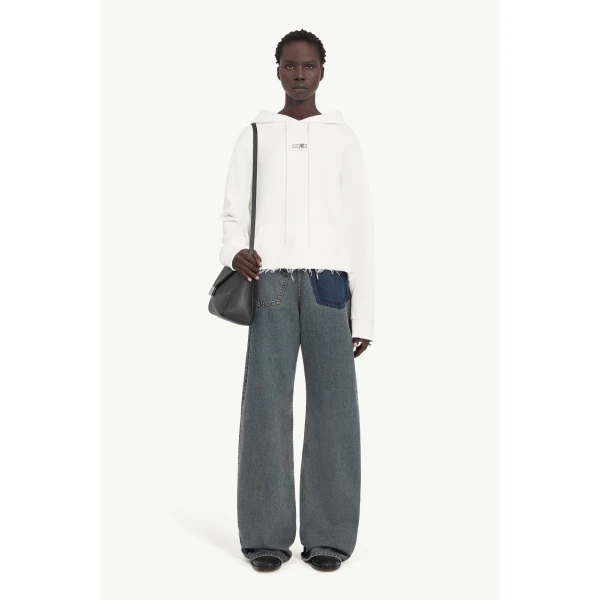 MM6 Maison Margiela Raw-Edge Boxy Hooded Sweatshirt in White, view 2 | Hoodies | Luxury Shoes 