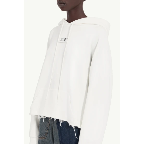 MM6 Maison Margiela Raw-Edge Boxy Hooded Sweatshirt in White, view 5 | Hoodies | Luxury Shoes 