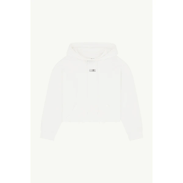 MM6 Maison Margiela Raw-Edge Boxy Hooded Sweatshirt in White, view 6 | Hoodies | Luxury Shoes 