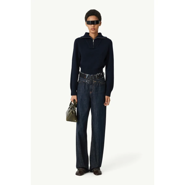 MM6 Maison Margiela Raw Edge Waist Denim Jeans in Dark Blue, view 2 | Denim | Luxury Shoes 