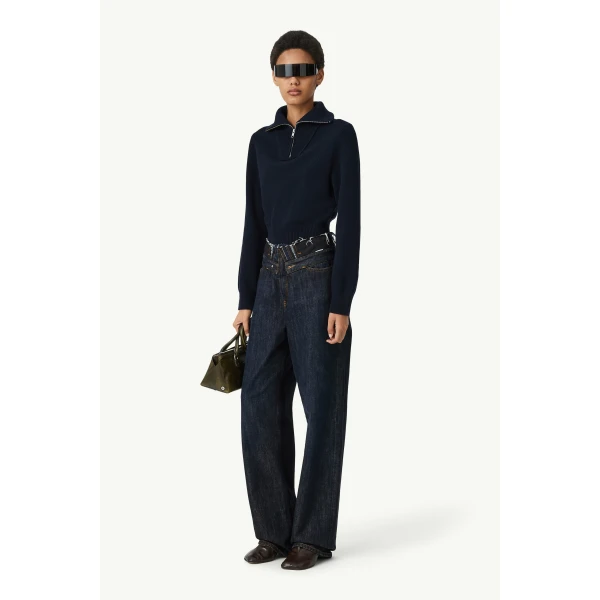 MM6 Maison Margiela Raw Edge Waist Denim Jeans in Dark Blue, view 3 | Denim | Luxury Shoes 