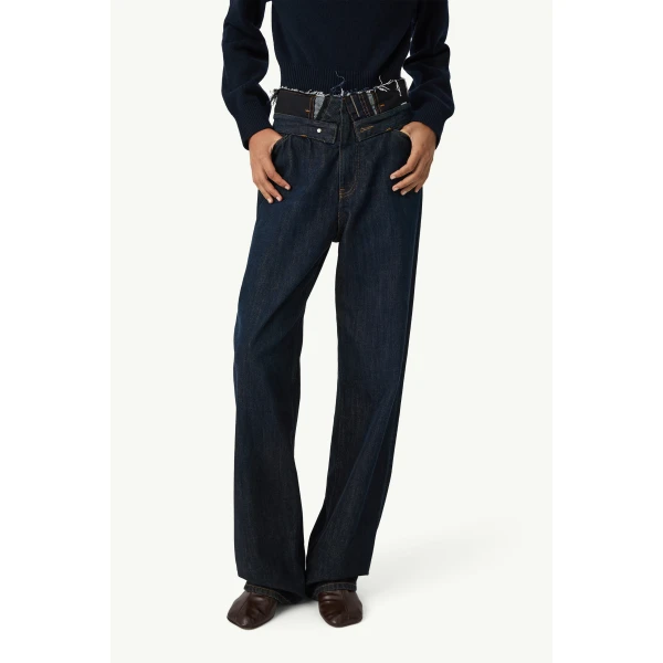 MM6 Maison Margiela Raw Edge Waist Denim Jeans in Dark Blue, view 5 | Denim | Luxury Shoes 