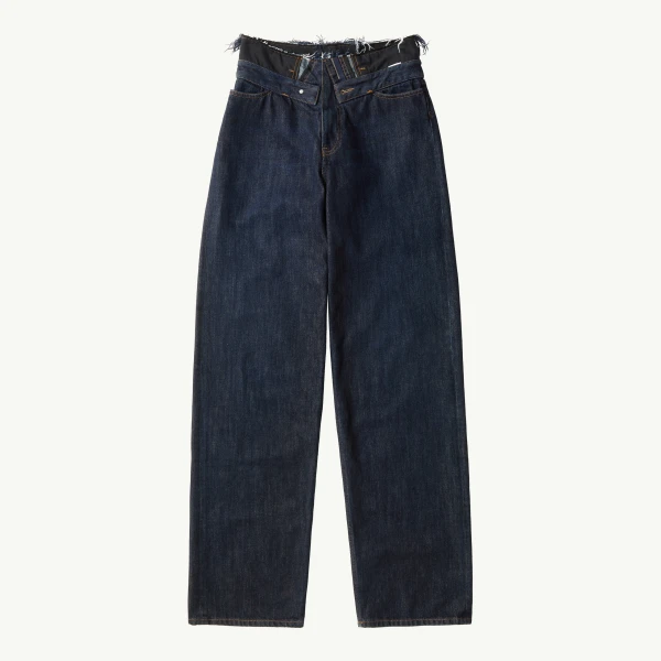 Raw Edge Waist Denim Jeans in Dark Blue