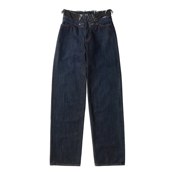 Raw Edge Waist Denim Jeans in Dark Blue