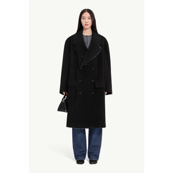 MM6 Maison Margiela Raw-Edge Wool Coat in Black, view 2 | Wool Coat | Luxury Shoes 