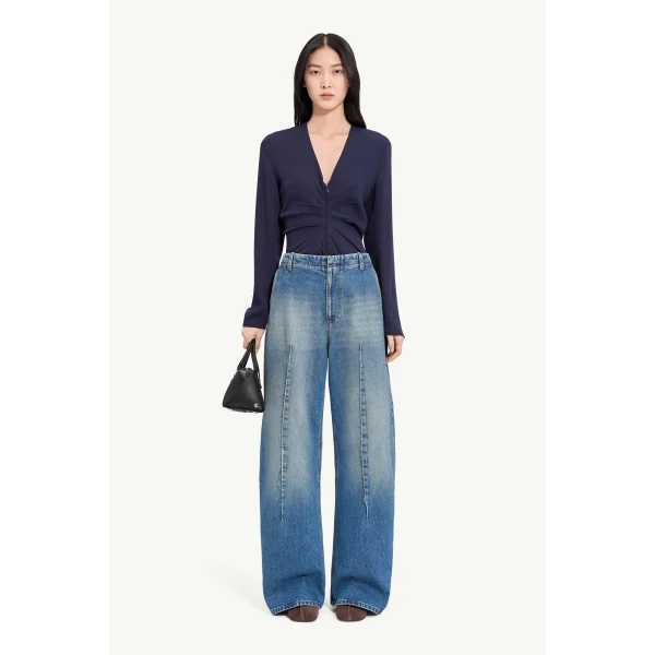 MM6 Maison Margiela Raw-Seam Barrel-Leg Jeans in Blue, view 2 | Denim | Luxury Shoes 