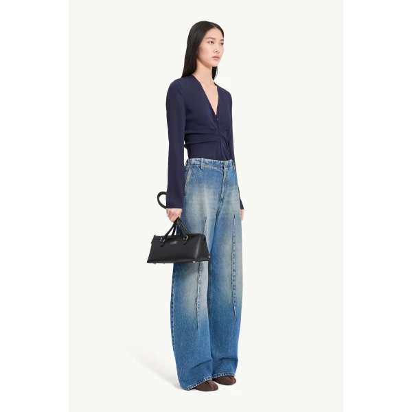 MM6 Maison Margiela Raw-Seam Barrel-Leg Jeans in Blue, view 3 | Denim | Luxury Shoes 