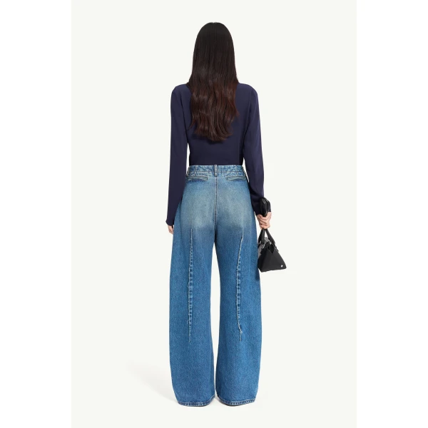 MM6 Maison Margiela Raw-Seam Barrel-Leg Jeans in Blue, view 4 | Denim | Luxury Shoes 