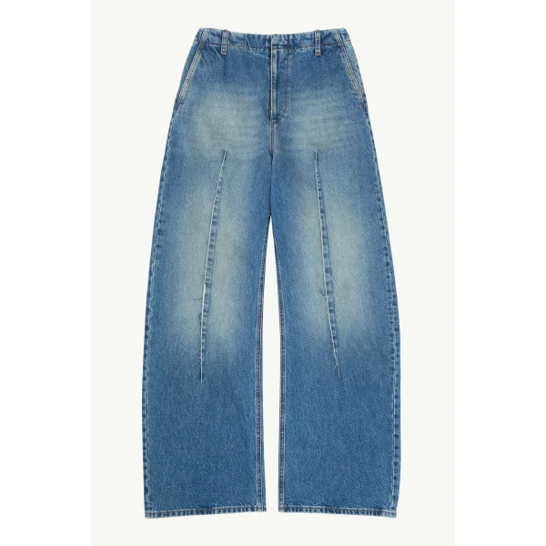 MM6 Maison Margiela Raw-Seam Barrel-Leg Jeans in Blue, view 6 | Denim | Luxury Shoes 