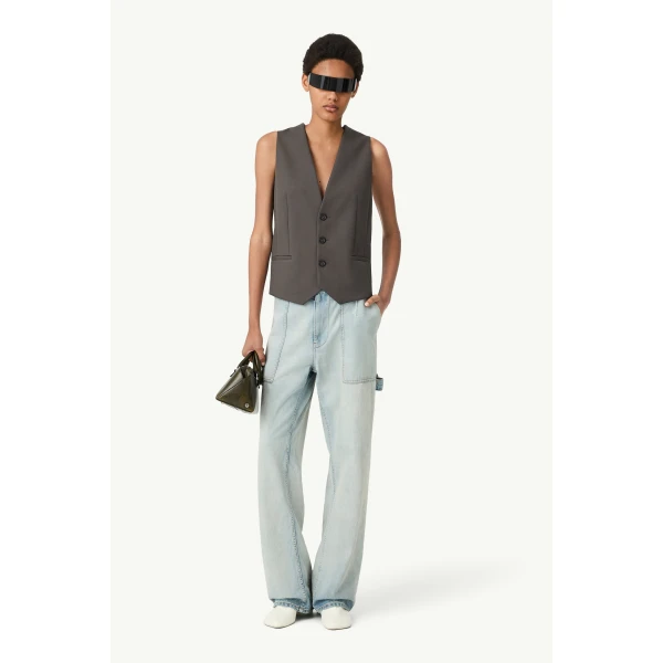 MM6 Maison Margiela Replaced Back Twill Pinstripe Gilet in Grey, view 2 | Vests | Luxury Shoes 