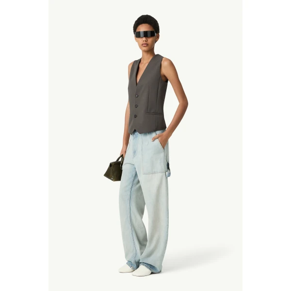 MM6 Maison Margiela Replaced Back Twill Pinstripe Gilet in Grey, view 3 | Vests | Luxury Shoes 