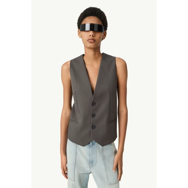 MM6 Maison Margiela Replaced Back Twill Pinstripe Gilet in Grey, view 5 | Vests | Luxury Shoes 