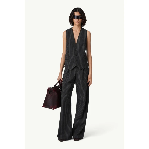 MM6 Maison Margiela Replaced Back Wool Pinstripe Gilet in Grey, view 2 | Vests | Luxury Shoes 
