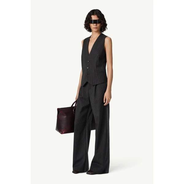 MM6 Maison Margiela Replaced Back Wool Pinstripe Gilet in Grey, view 3 | Vests | Luxury Shoes 