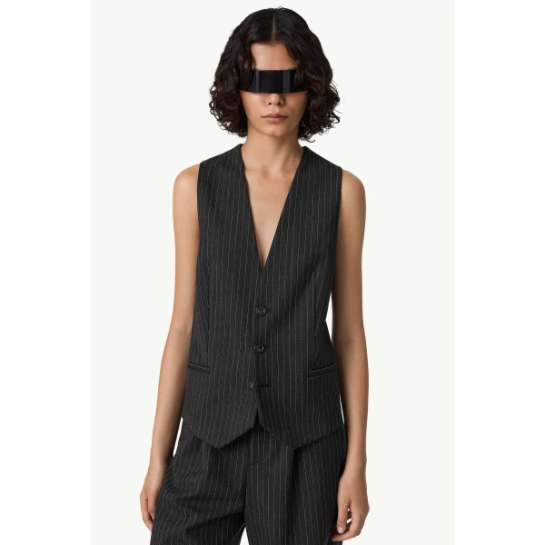 MM6 Maison Margiela Replaced Back Wool Pinstripe Gilet in Grey, view 5 | Vests | Luxury Shoes 