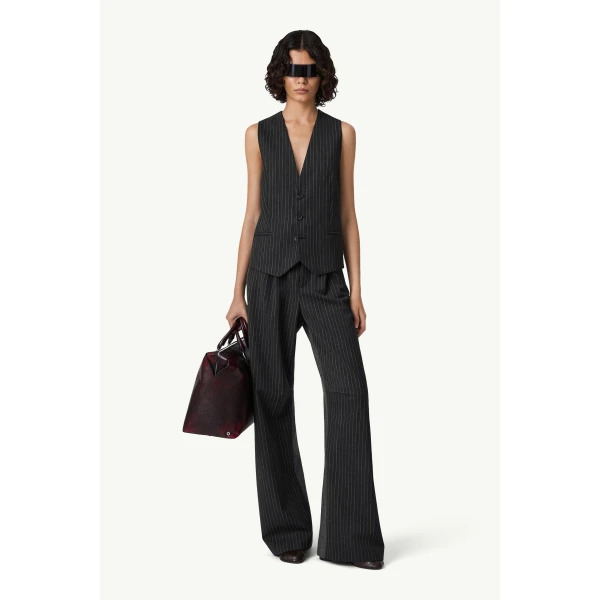 MM6 Maison Margiela Replaced Back Wool Pinstripe Gilet in Grey, view 6 | Vests | Luxury Shoes 