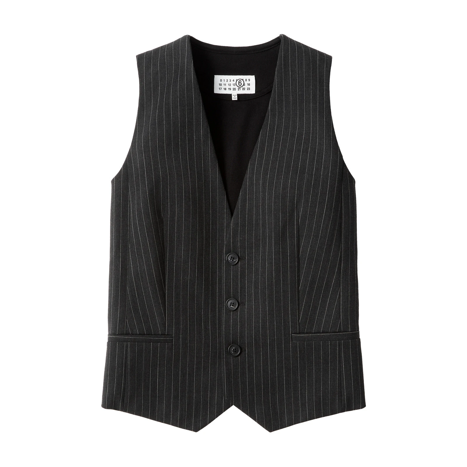 MM6 Maison Margiela Replaced Back Wool Pinstripe Gilet in Grey MM6 Maison Margiela Replaced Back Wool Pinstripe Gilet in Grey | Vests | Luxury Shoes