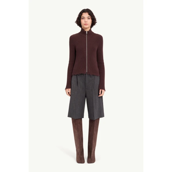 MM6 Maison Margiela Ribbed Cotton Zip Cardigan in Bitter Chocolate, view 2 | Cardigan | Luxury Shoes 