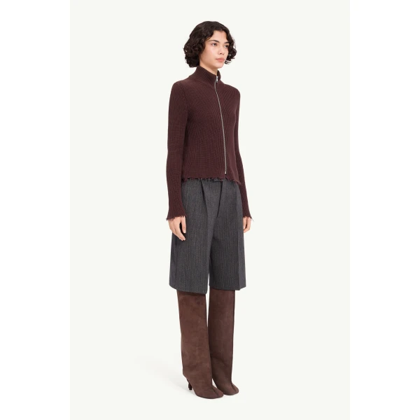 MM6 Maison Margiela Ribbed Cotton Zip Cardigan in Bitter Chocolate, view 3 | Cardigan | Luxury Shoes 