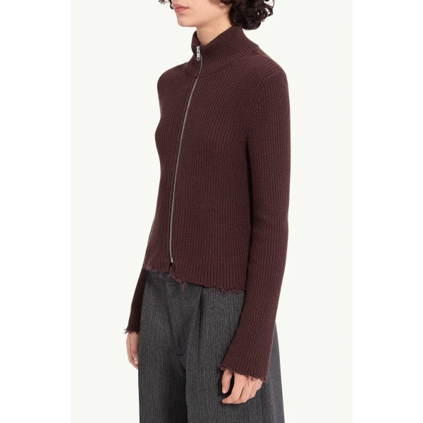 MM6 Maison Margiela Ribbed Cotton Zip Cardigan in Bitter Chocolate, view 5 | Cardigan | Luxury Shoes 