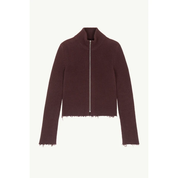 MM6 Maison Margiela Ribbed Cotton Zip Cardigan in Bitter Chocolate, view 6 | Cardigan | Luxury Shoes 