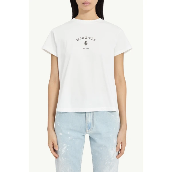 MM6 Maison Margiela Signature Jersey T-Shirt in White, view 5 | T-shirts | Luxury Shoes 