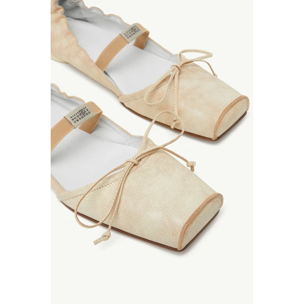 MM6 Maison Margiela Square-Toe Leather Ballerina Shoes in Beige, view 5 | Flats | Luxury Shoes 