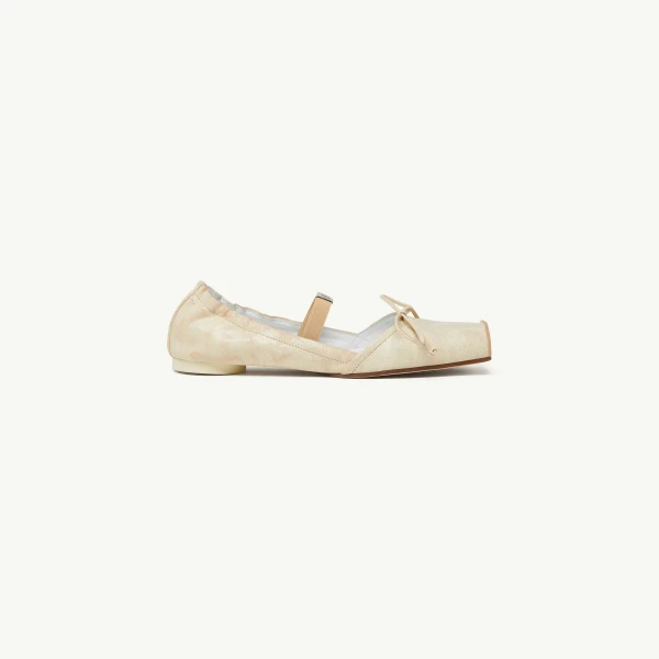 Square-Toe Leather Ballerina Shoes in Beige